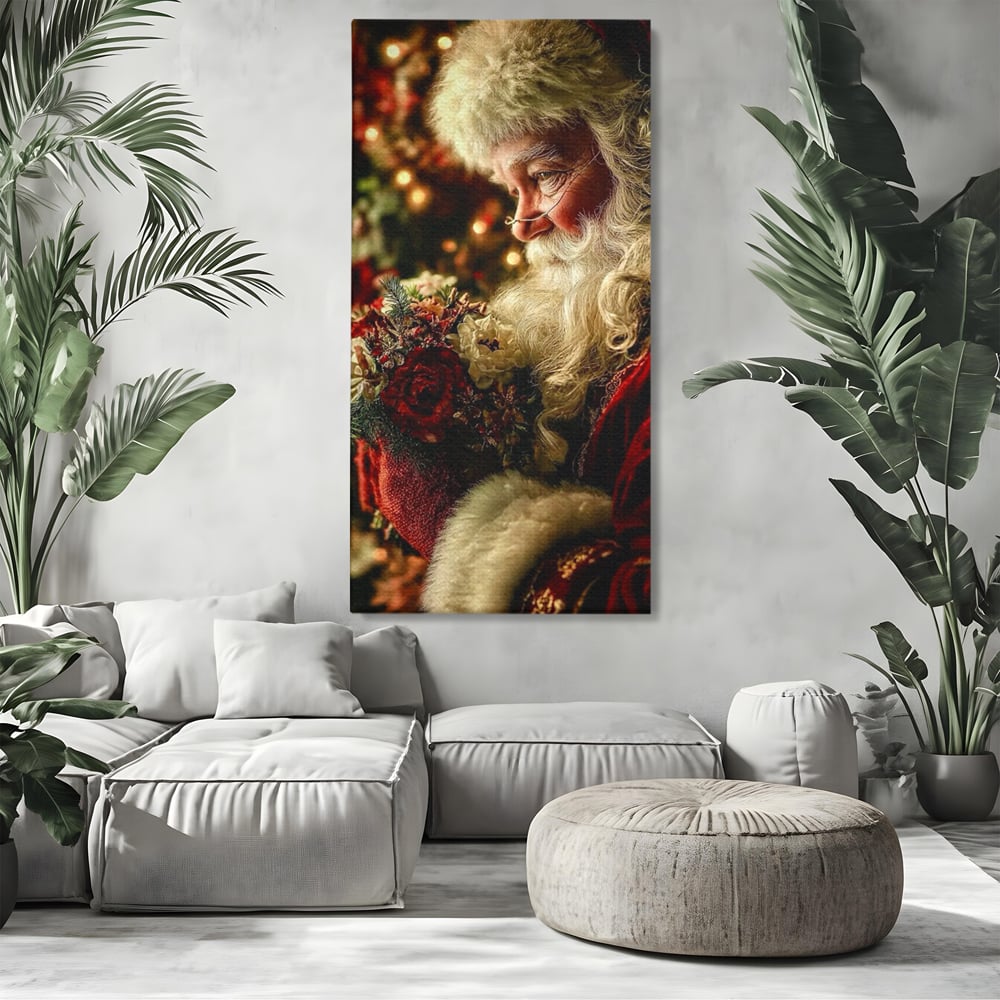 Tablou canvas cu portret ilustrativ cu mos craciun, fara rama, pe sasiu de lemn, pe perete intr-un living